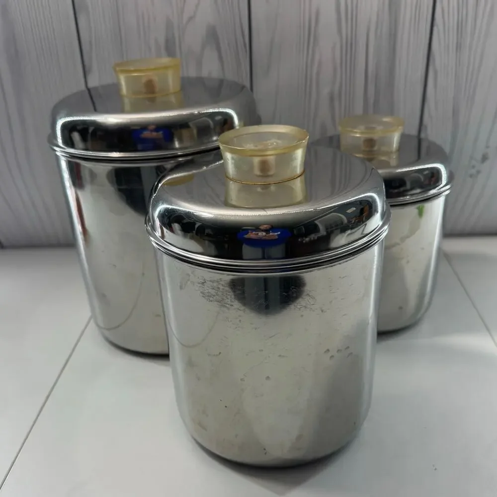 Revere Ware Set 3 Stainless Steel Canisters MCM Lucite Tops Storage Stackable